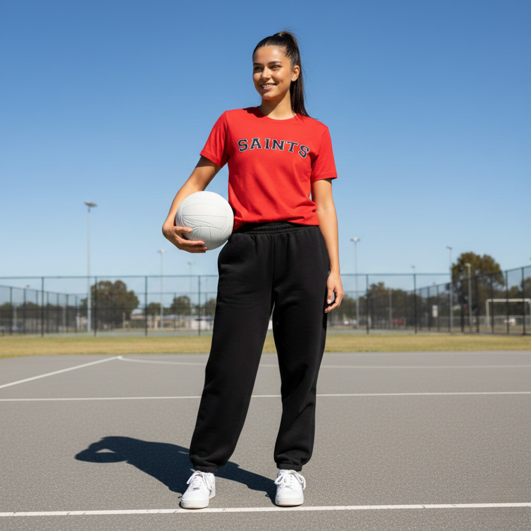 Person wearing a red 'SAINTS' t-shirt holding a netball on an outdoor court.