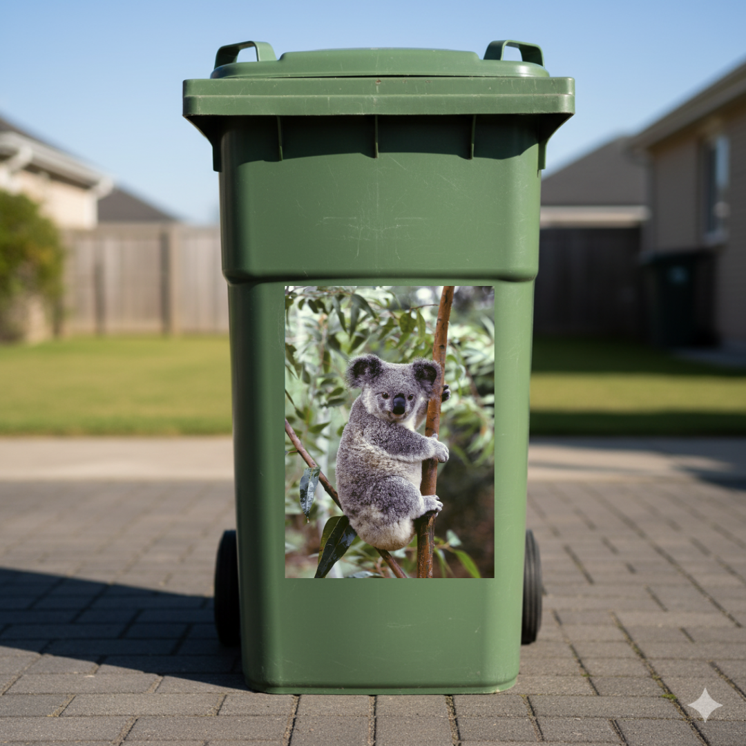 Green trash bin with a koala sticker on a driveway