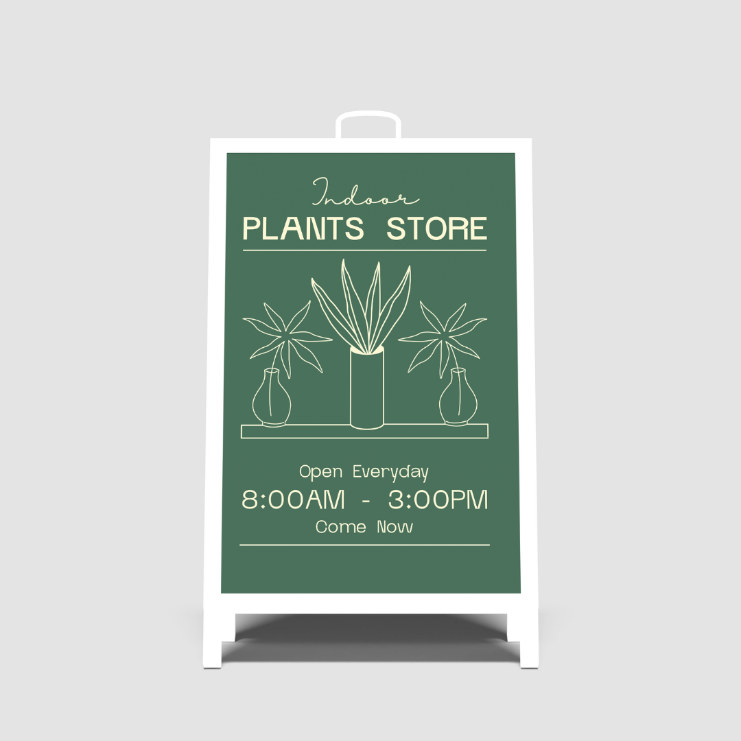 White A-Frame Sign for an indoor plants store with plant illustrations on a green background.
