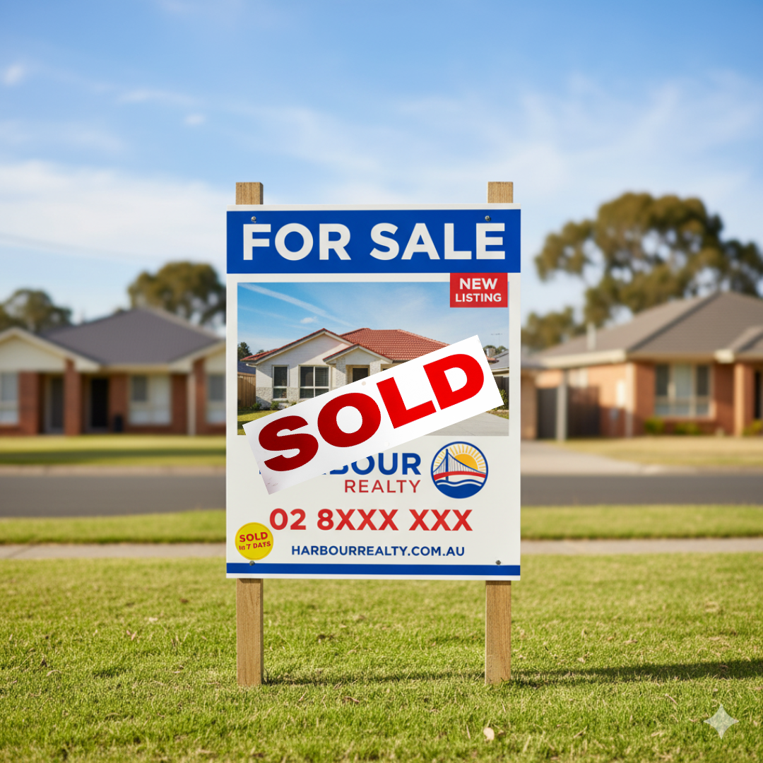 Real estate 'For Sale' sign with a 'SOLD' sticker in front of a house.
