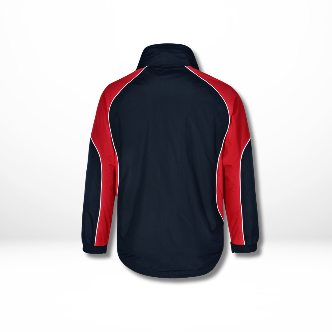A navy blue jacket with red and white stripes on the sleeves, featuring a mock neckline and a front zipper.