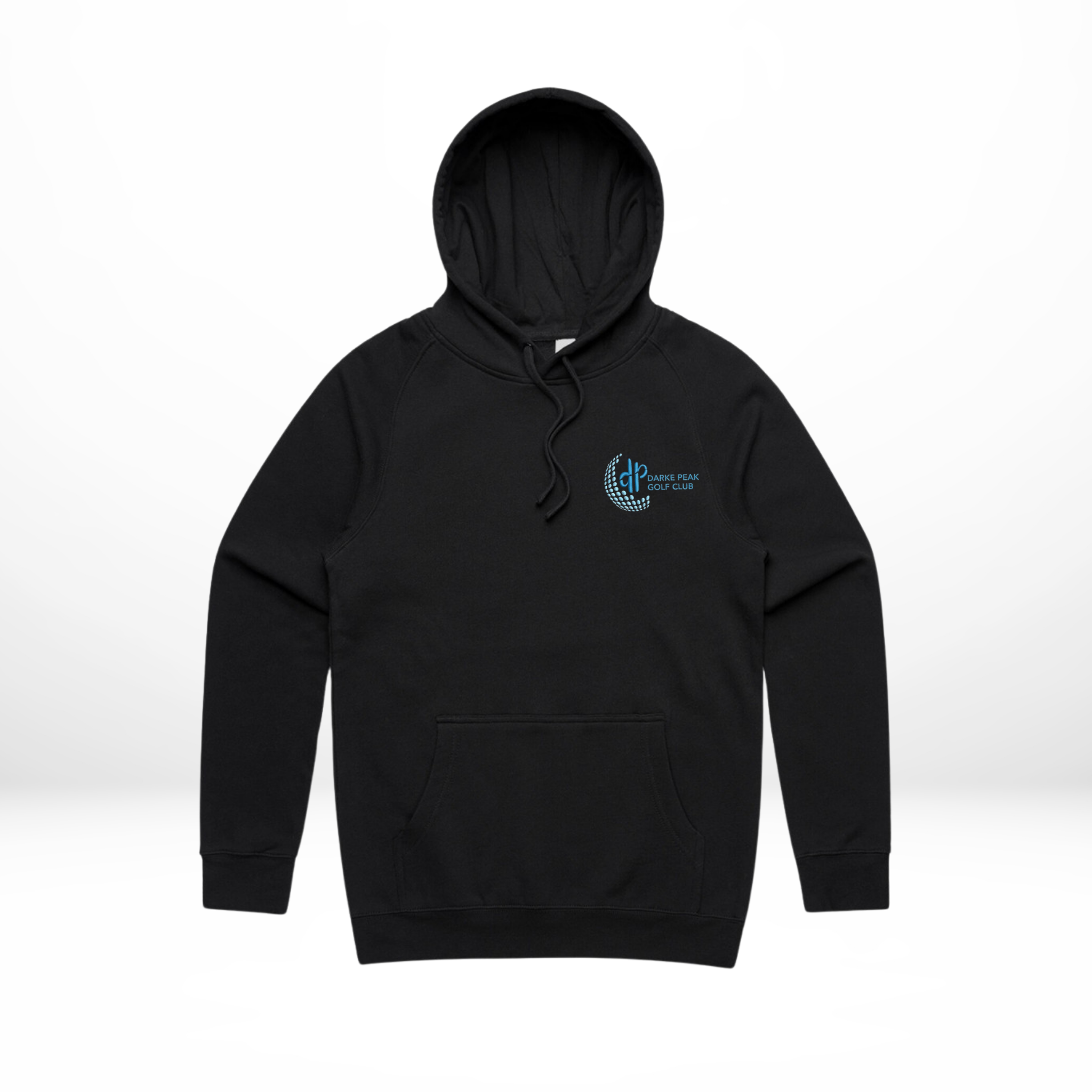 Black hoodie with a logo on the chest against a white background