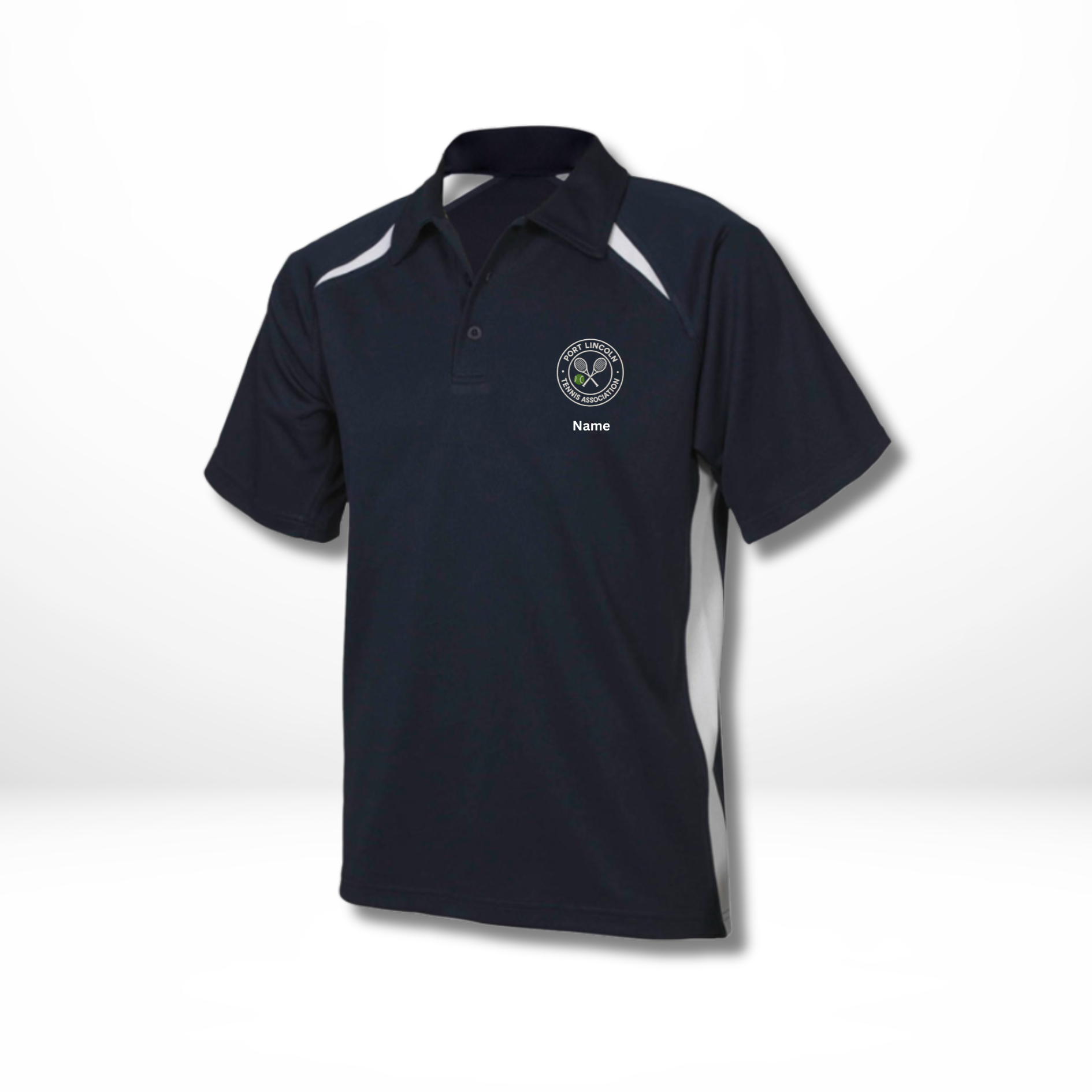 PLTA Polo Navy/White breathable polyester mesh polo shirt front view by TB Print