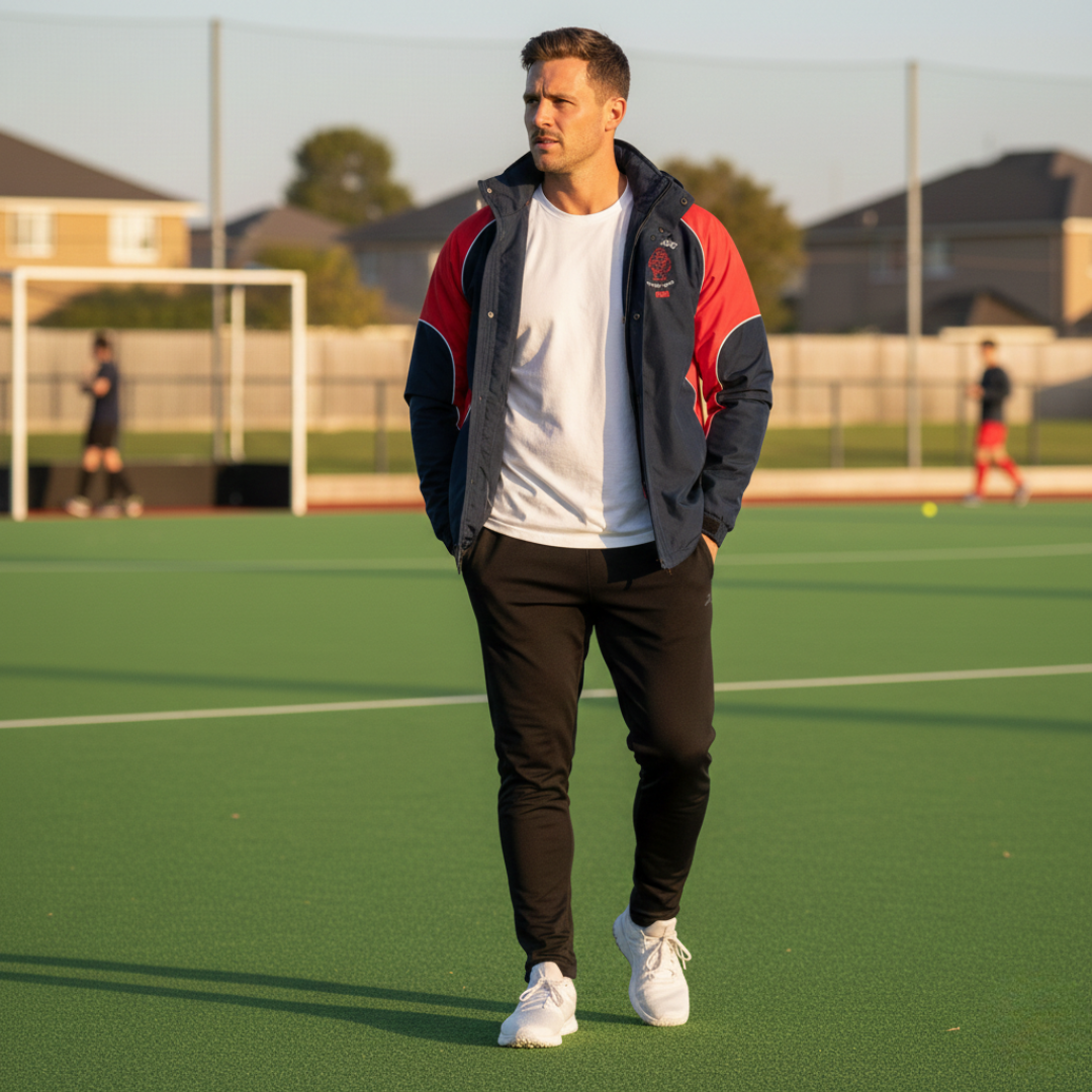 Man standing on a sports field wearing a red and navy jacket with a white shirt and black pants.