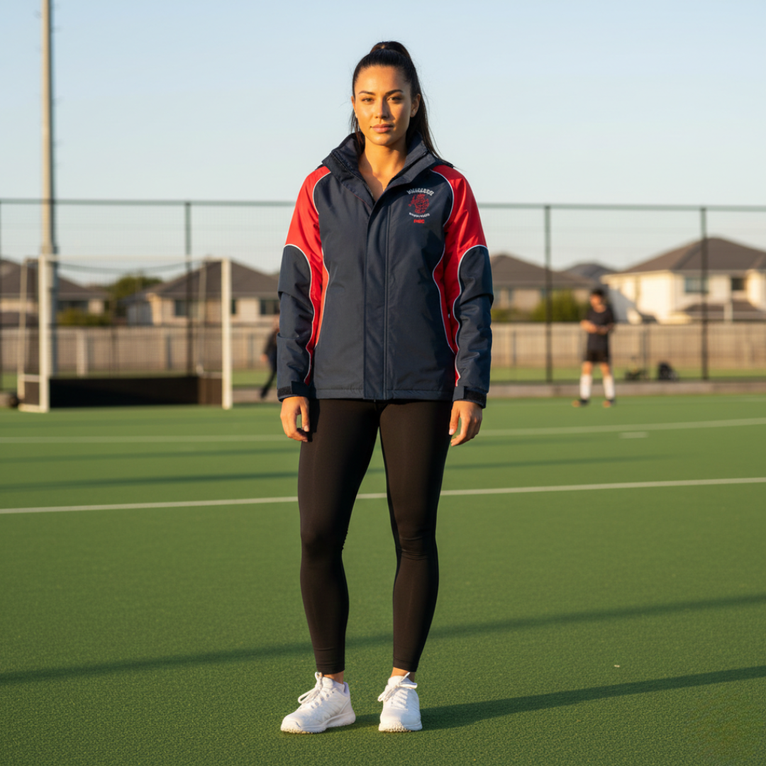 Person wearing a sports jacket and leggings on a tennis court