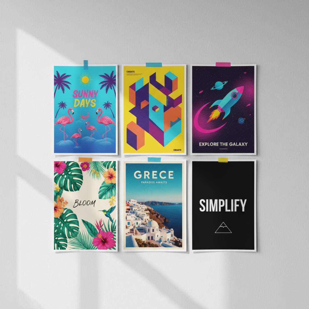 Set of six colorful posters on a white wall