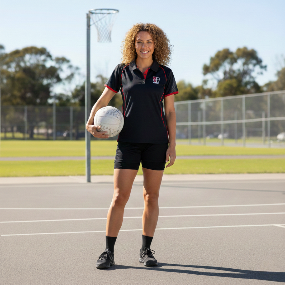 Woman holding a netball on an outdoor court with trees and clear sky in the background