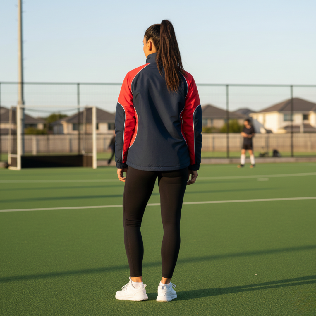 Person wearing a red and gray jacket on a sports field with houses in the background