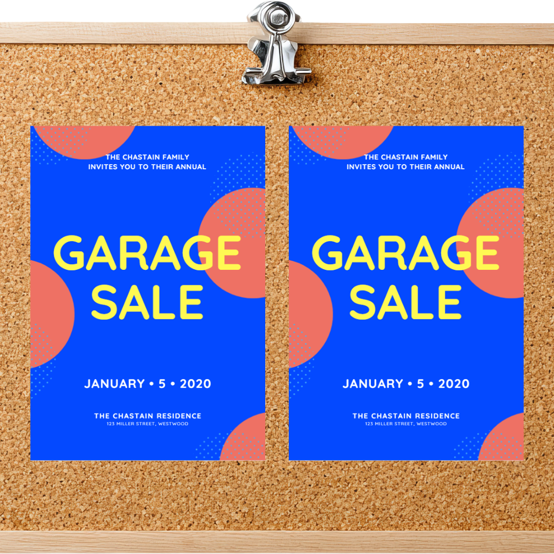 Two 'Garage Sale' posters on a cork bulletin board.
