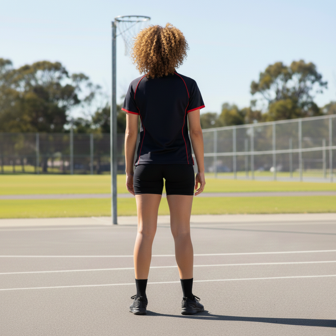 Person standing on a sports field wearing a black and red sports outfit.