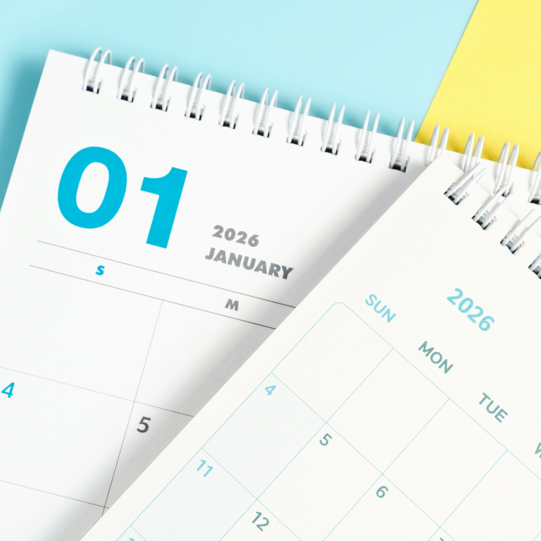 Two calendar pages showing January 2026 with a blue and yellow background.