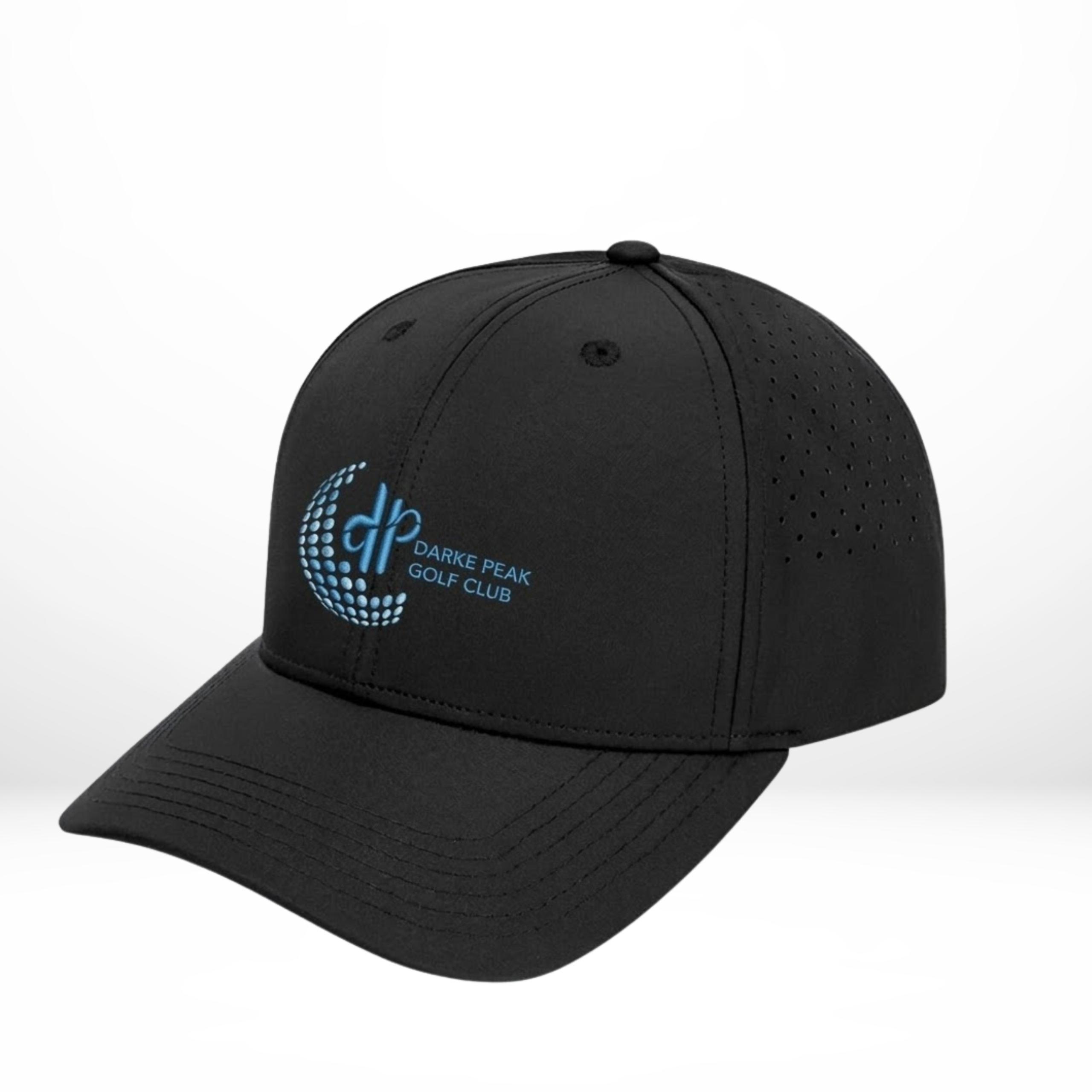 Black cap with Darke Peak Golf Club logo on a white background