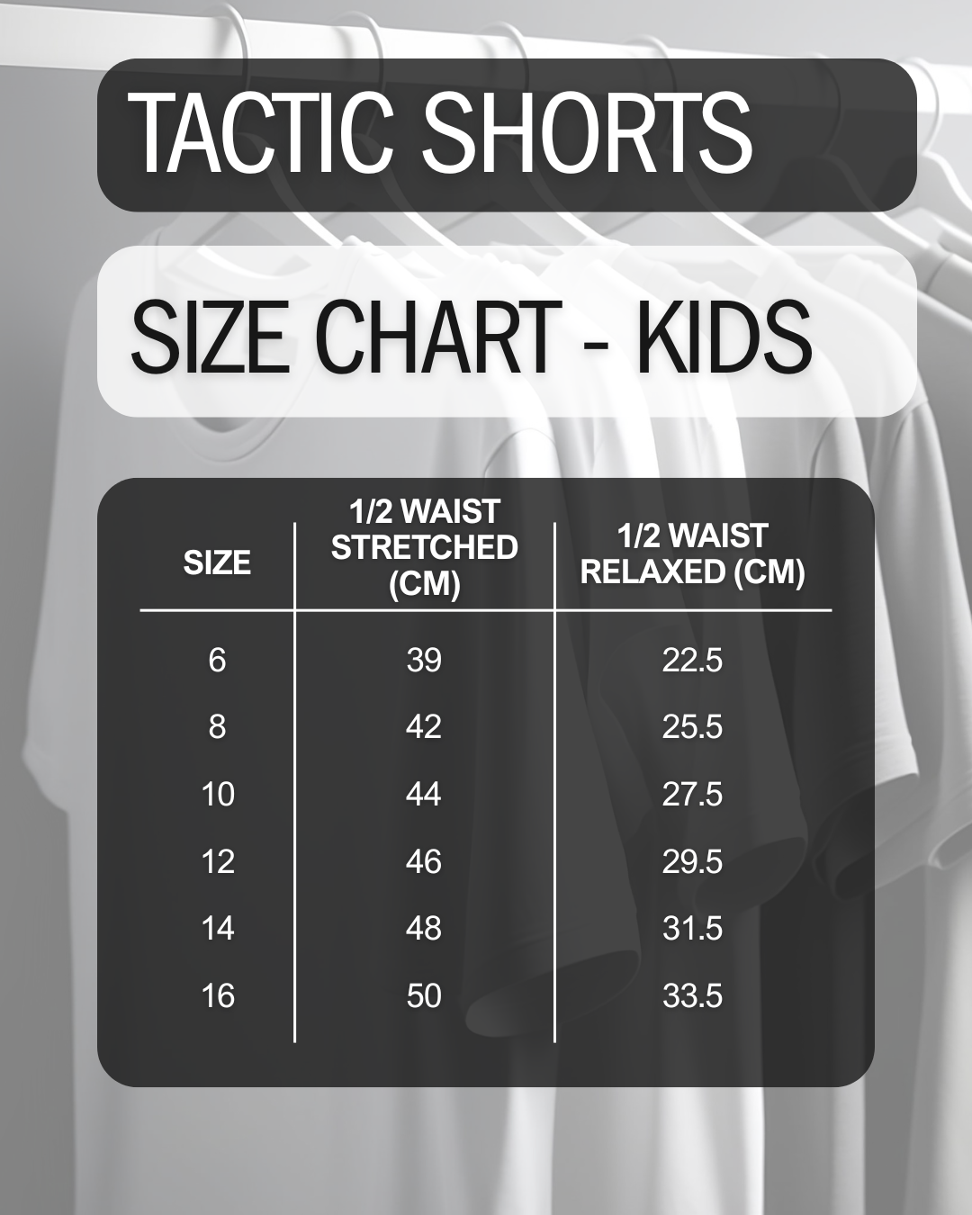 Size chart for kids' tactic shorts with stretched and relaxed waist measurements.
