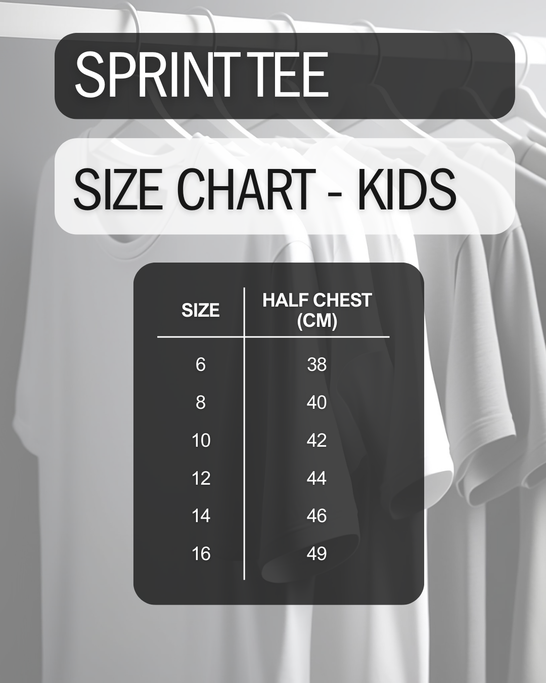 Size chart for kids' Sprint t-shirts with a gray background