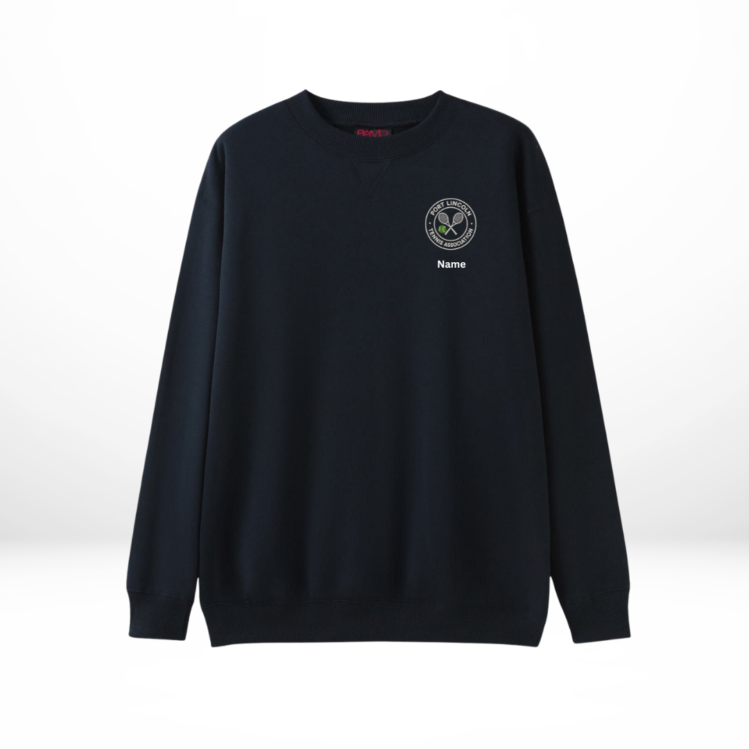 PLTA Crew sweatshirt front view with PLTA embroidered logo by TB Print