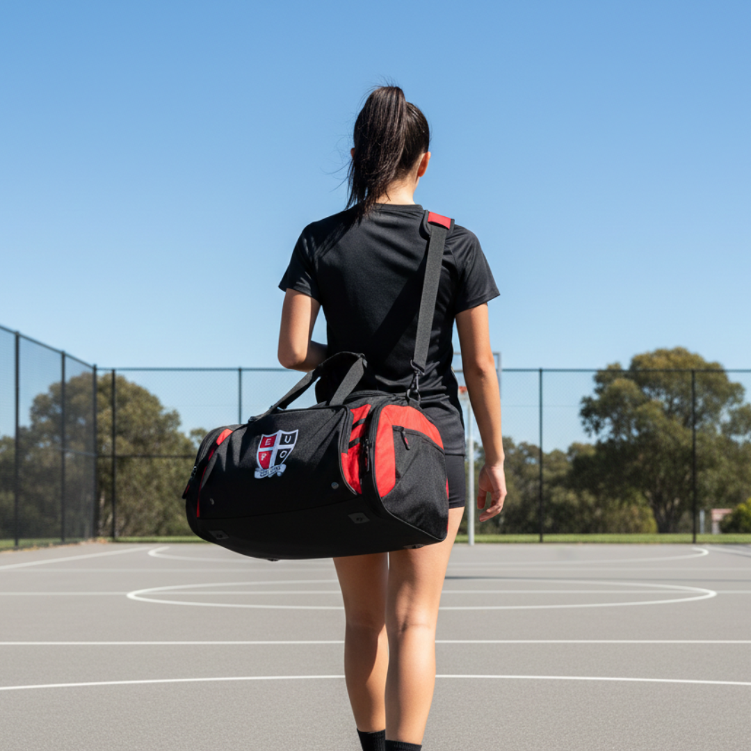 Person carrying a black and red duffel bag on a sports court
