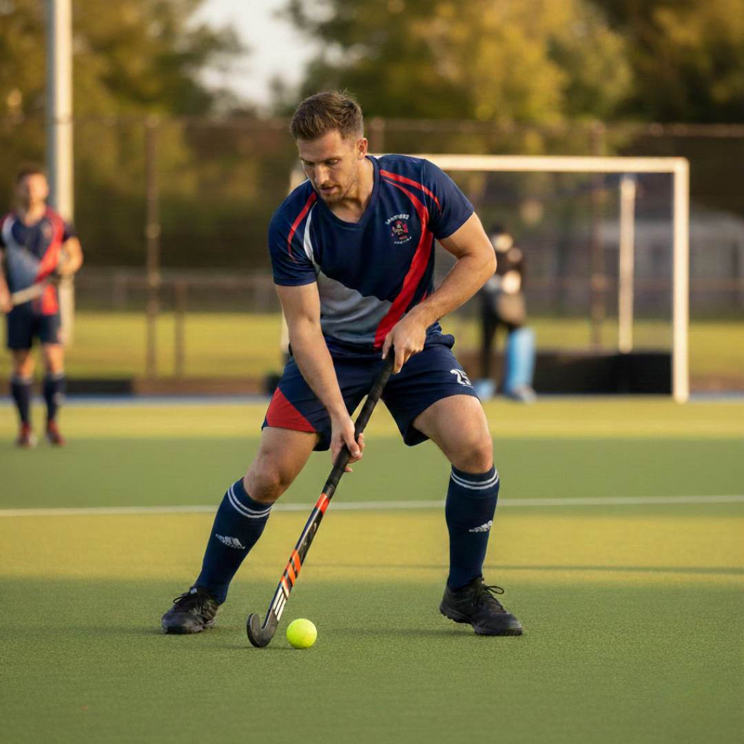 Man playing field hockey on a green field with a goalpost in the background