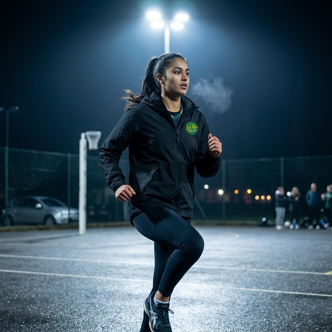 Person running on a track at night with lights in the background