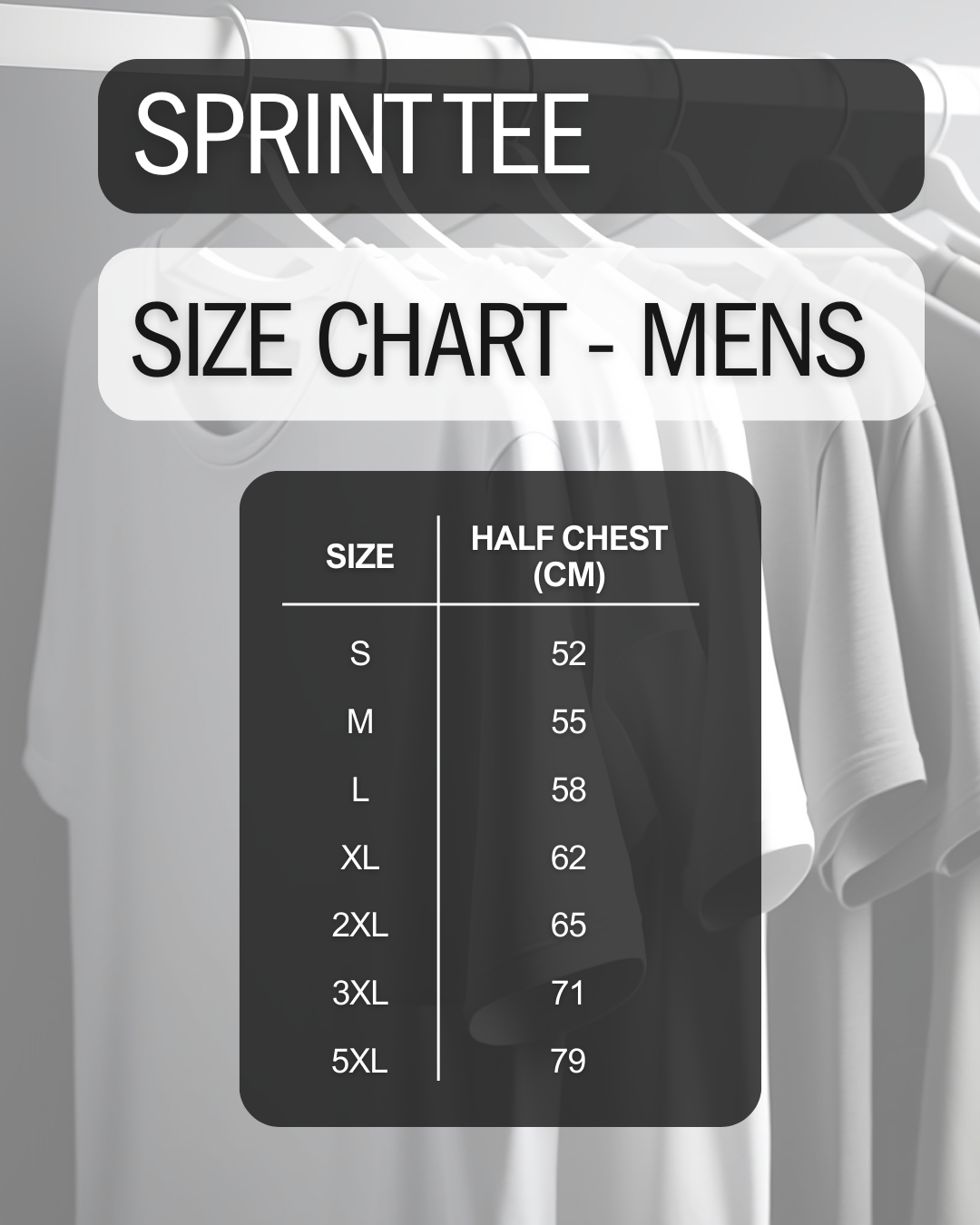 Size chart for men's Sprint t-shirts