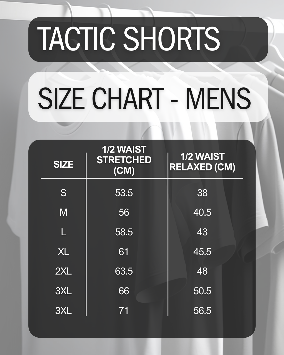 Size chart for men's tactic shorts with waist measurements.