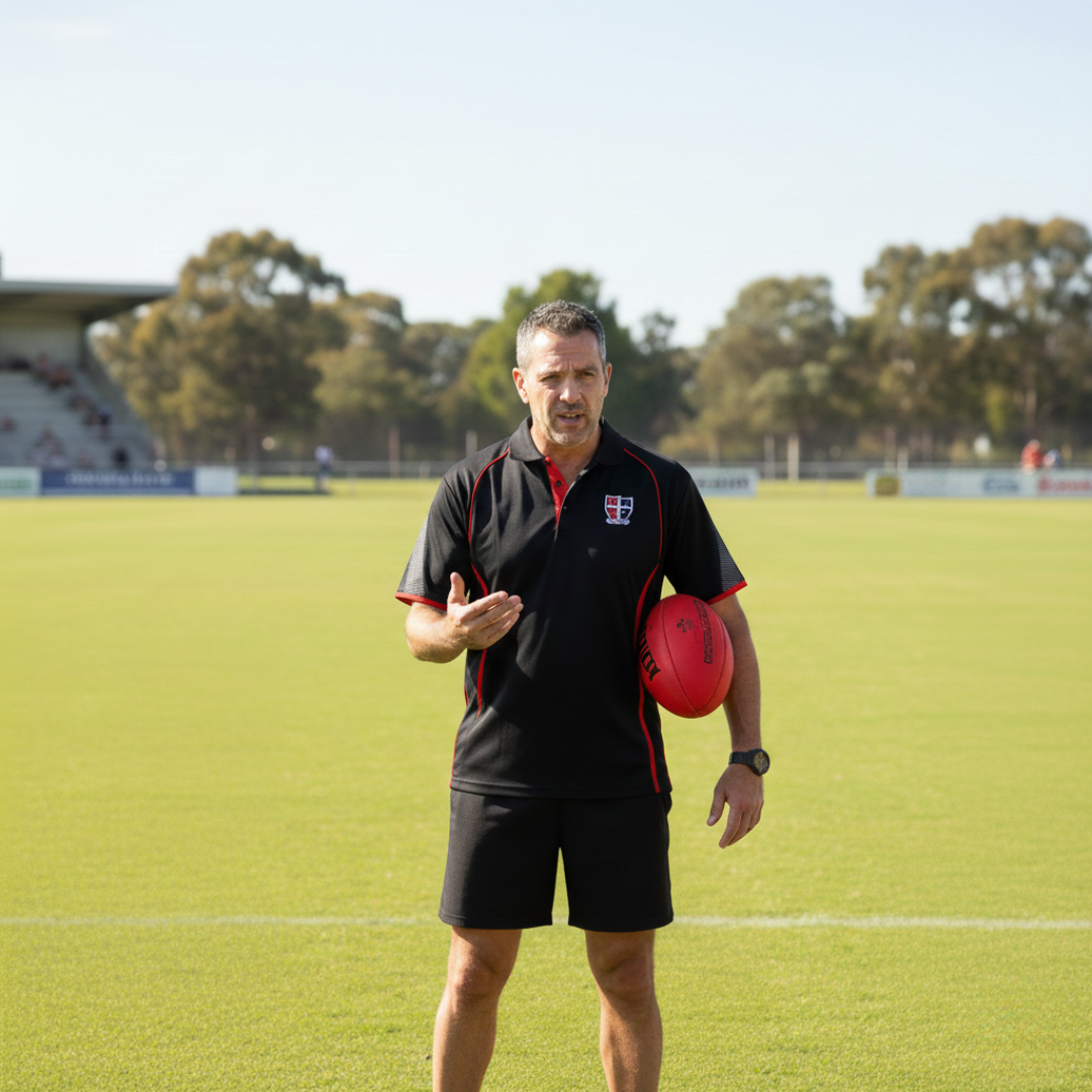 Male football coach wearing a black and red polo shirt