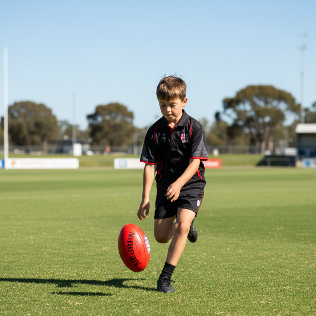 Young boy kciking a football wearing a black and red saints polo shirt