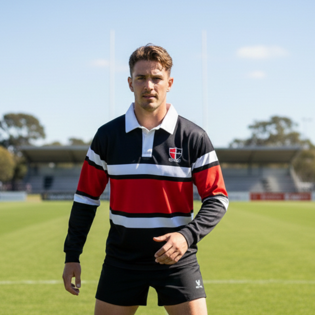 Man wearing a rugby jersey on a sports field