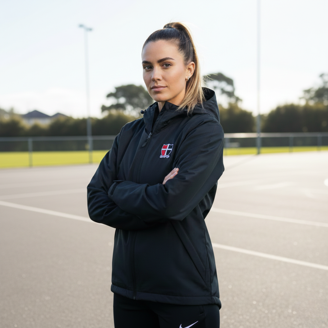 Woman wearing a black jacket with a logo on an outdoor track