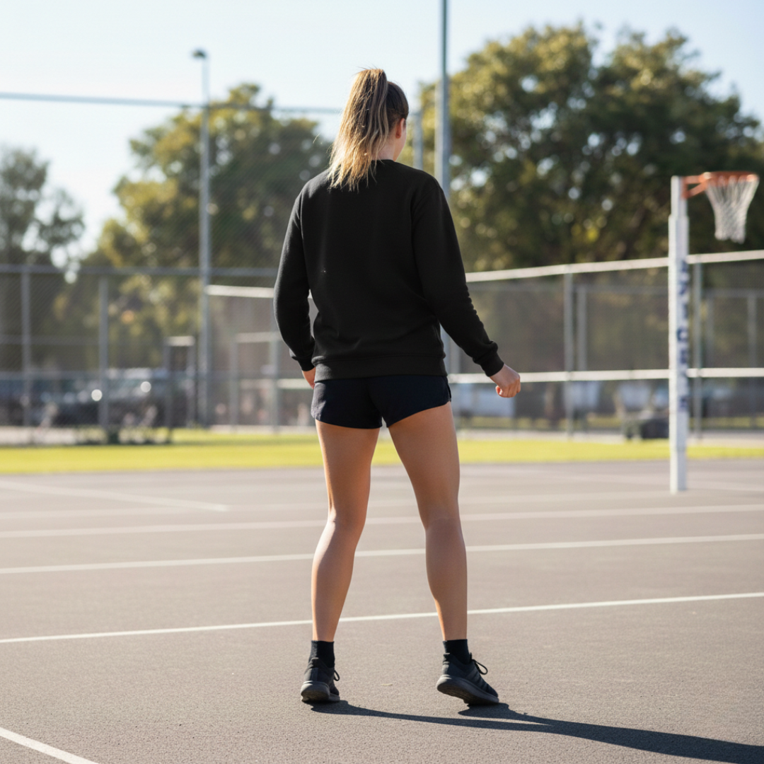 Person standing on a track and field with a basketball hoop in the background