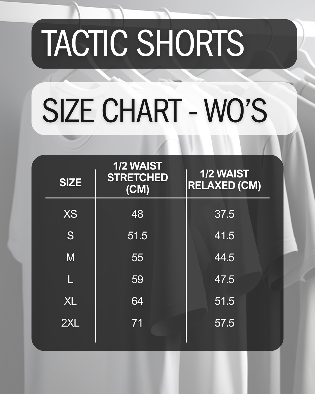Size chart for women's tactic shorts with stretched and relaxed waist measurements.