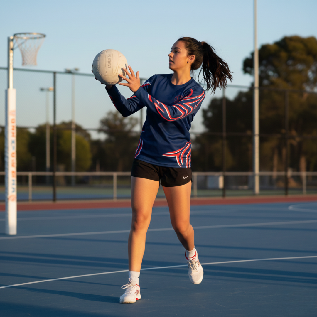 Person holding a netball on a sports court with trees in the background