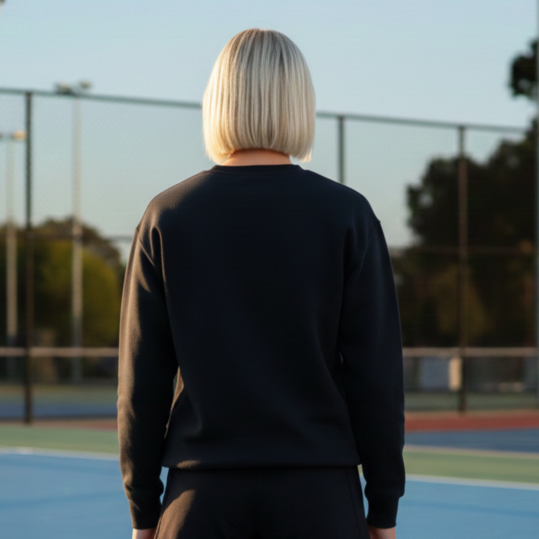 Person wearing a navy sweatshirt on a netball court
