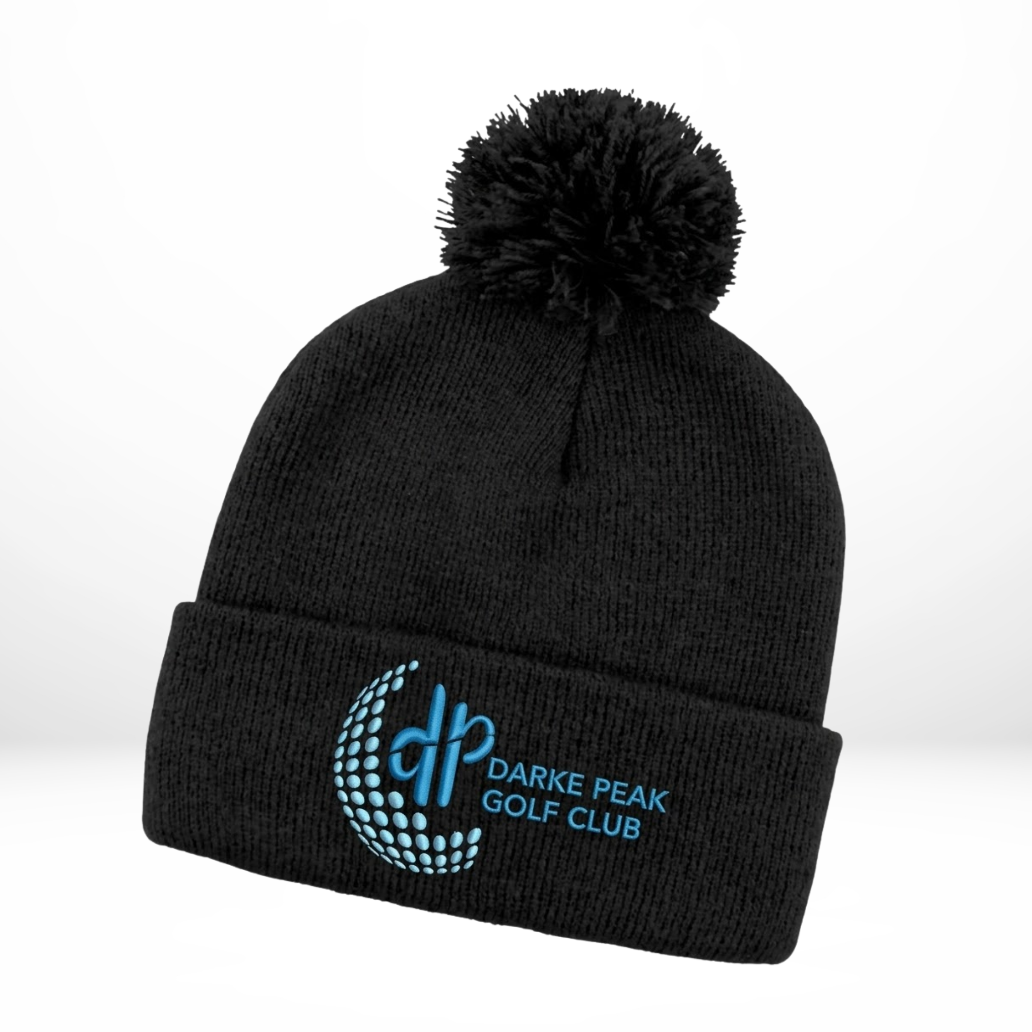 Black beanie with pom-pom featuring Darke Peak Golf Club logo on a white background