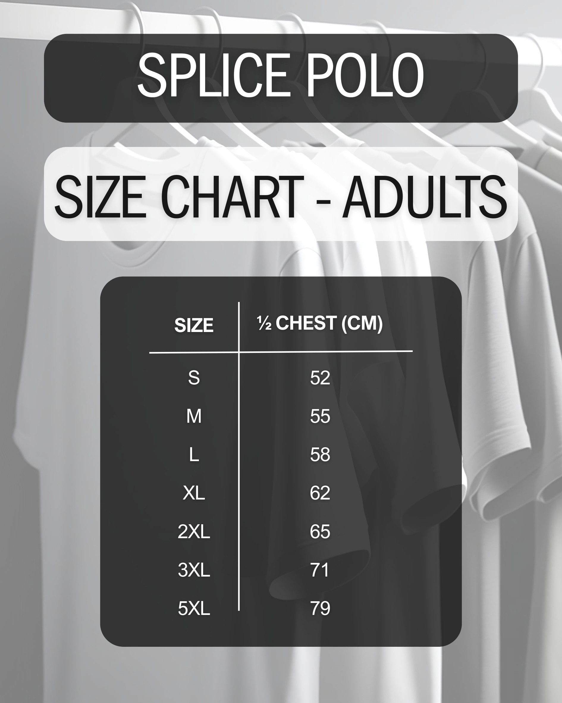 Size chart for Splice Polo Adult shirts on a gray background