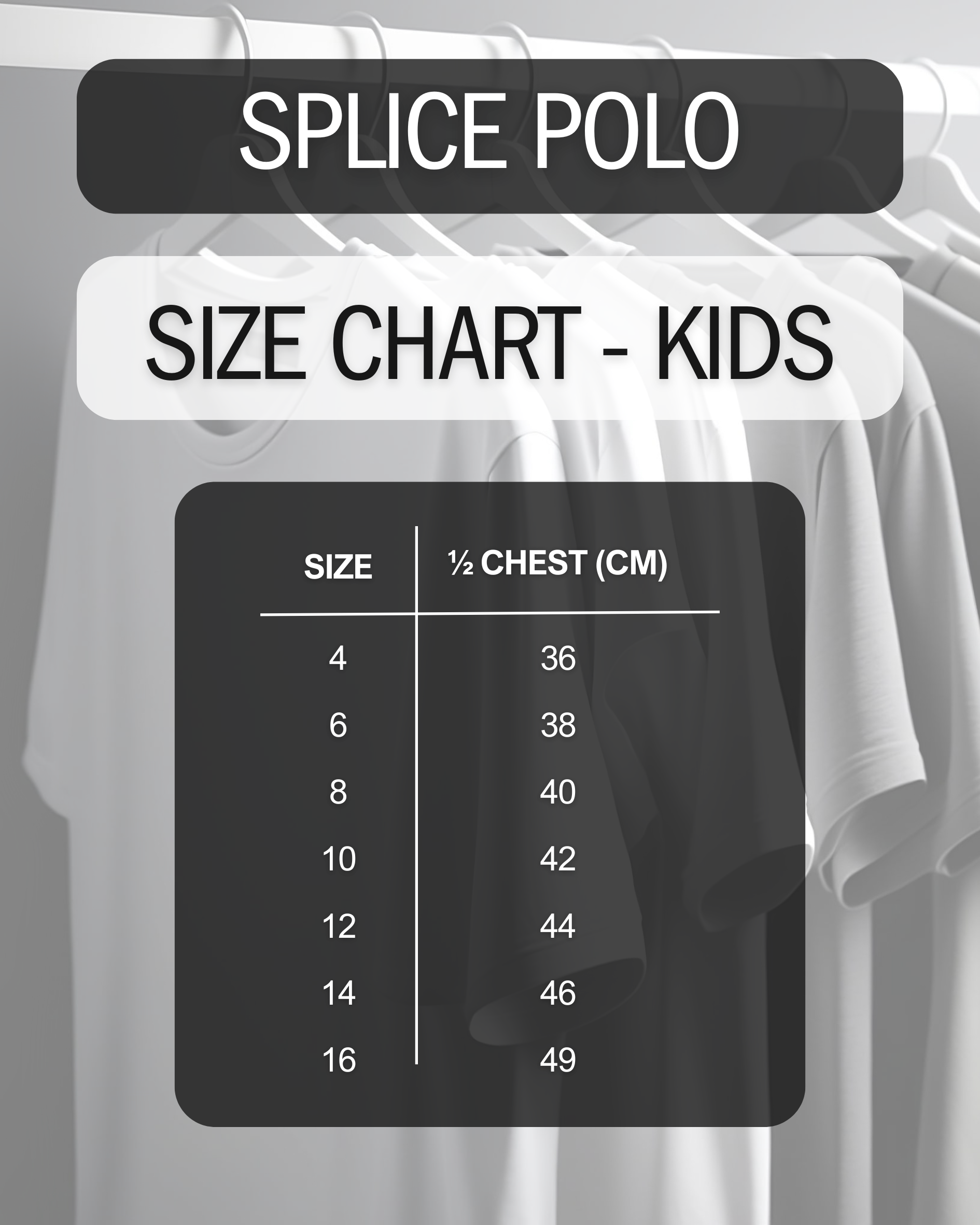 Size chart for kids' splice polo shirts with hanging shirts in the background.