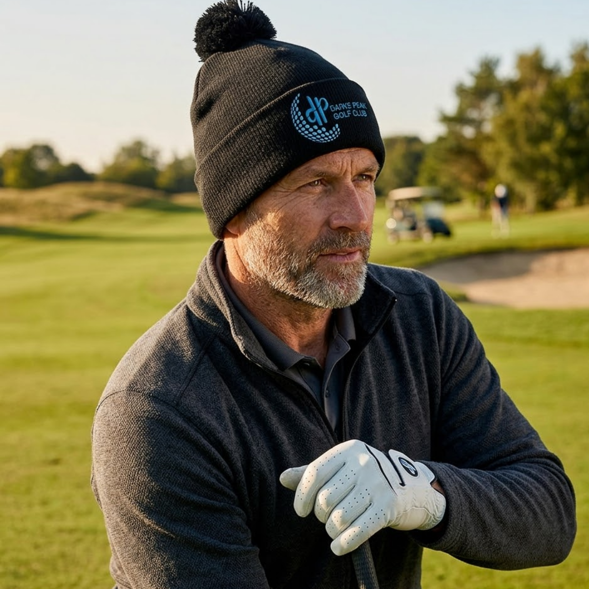 Man on a golf course wearing a beanie and holding a golf club