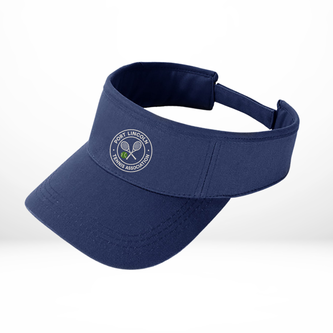 Navy visor with a logo on a white background