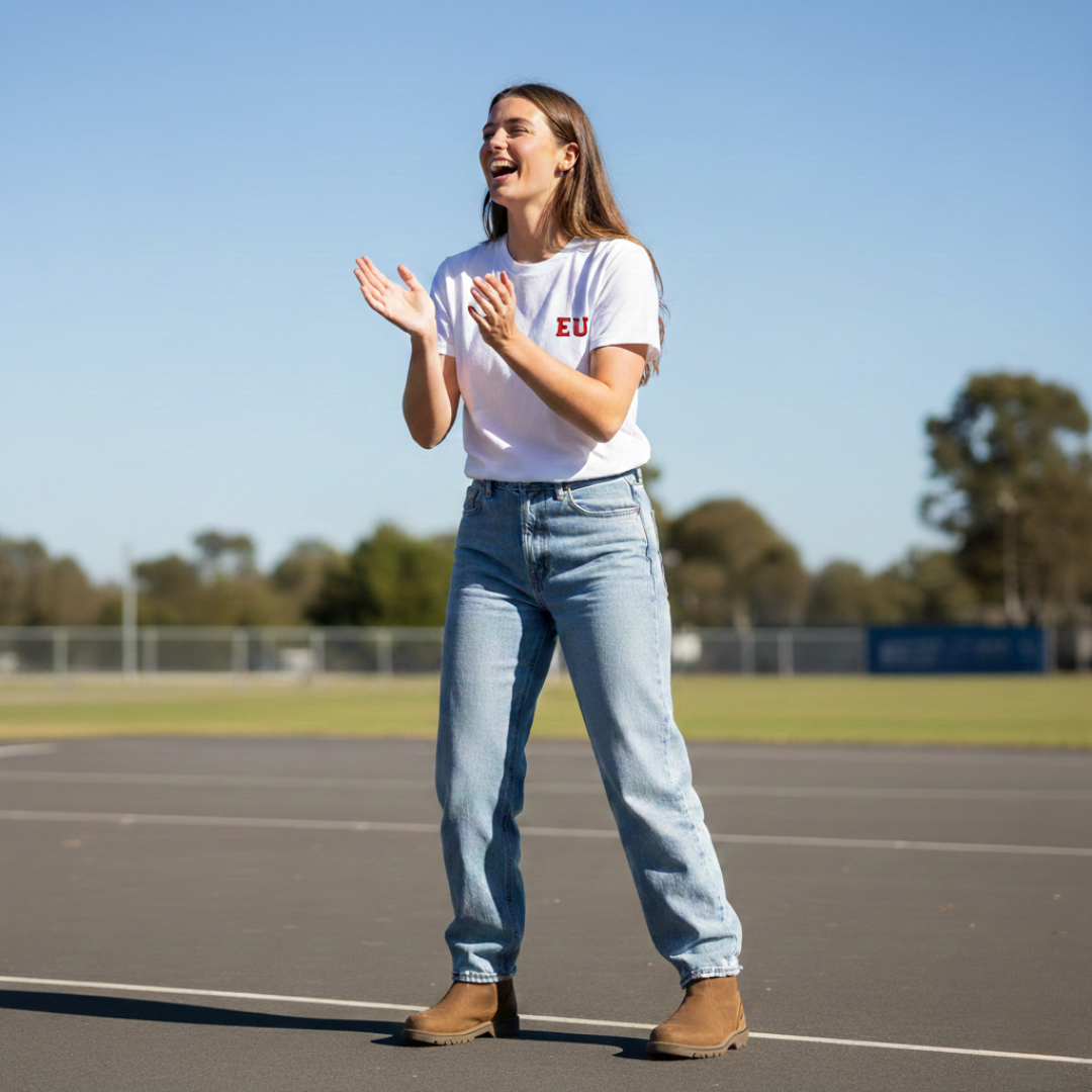 Woman clapping on a sports field with trees and clear sky in the background