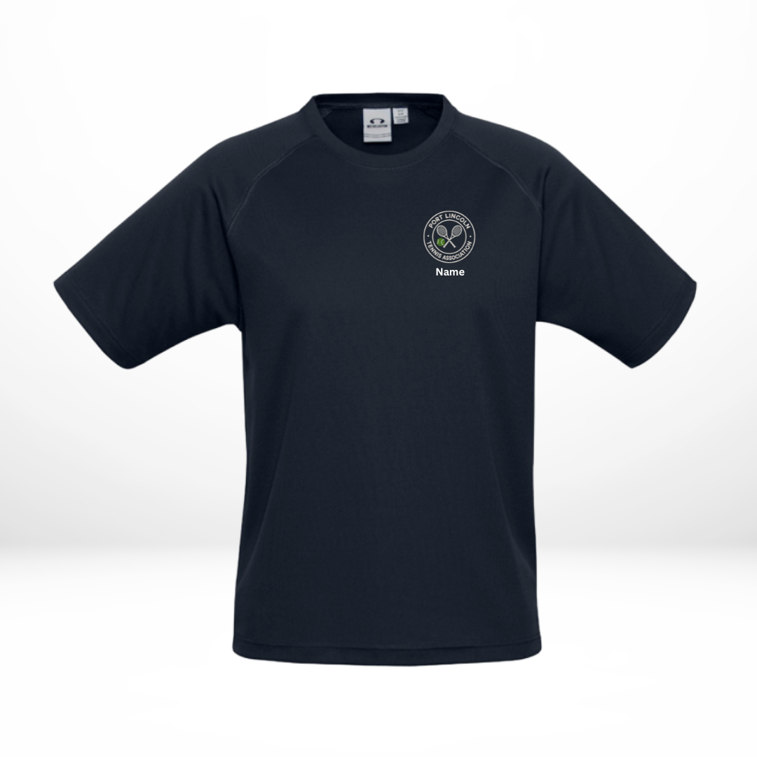 PLTA Navy Sport Tee front view – 100 % breathable polyester mesh by TB Print