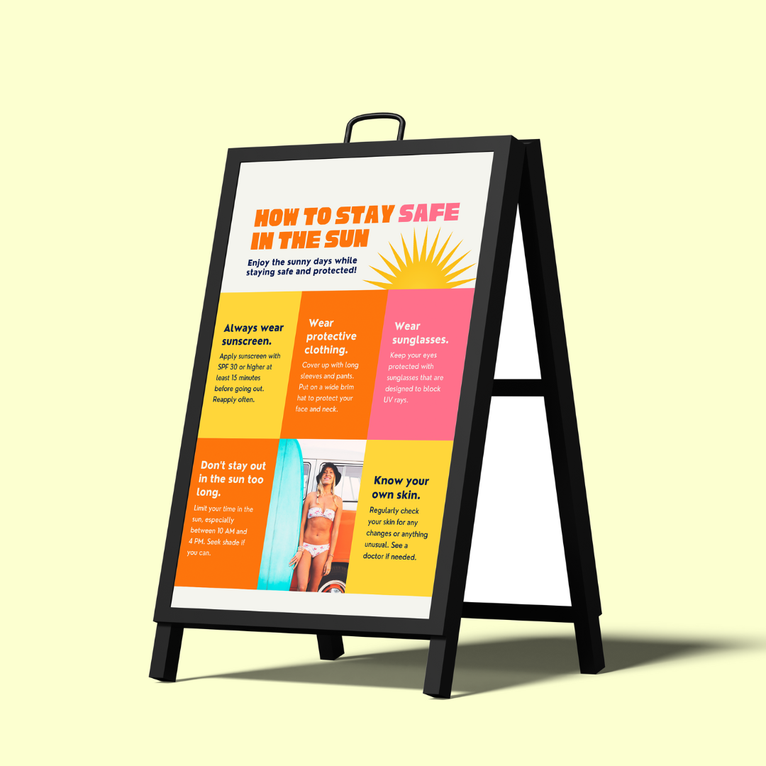 Black Outdoor signboard with sun safety tips on a light yellow background