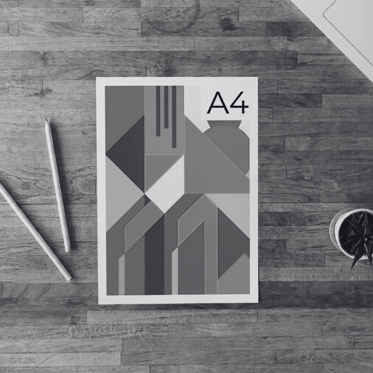 A4 black and white printing example with geometric artwork on white paper.