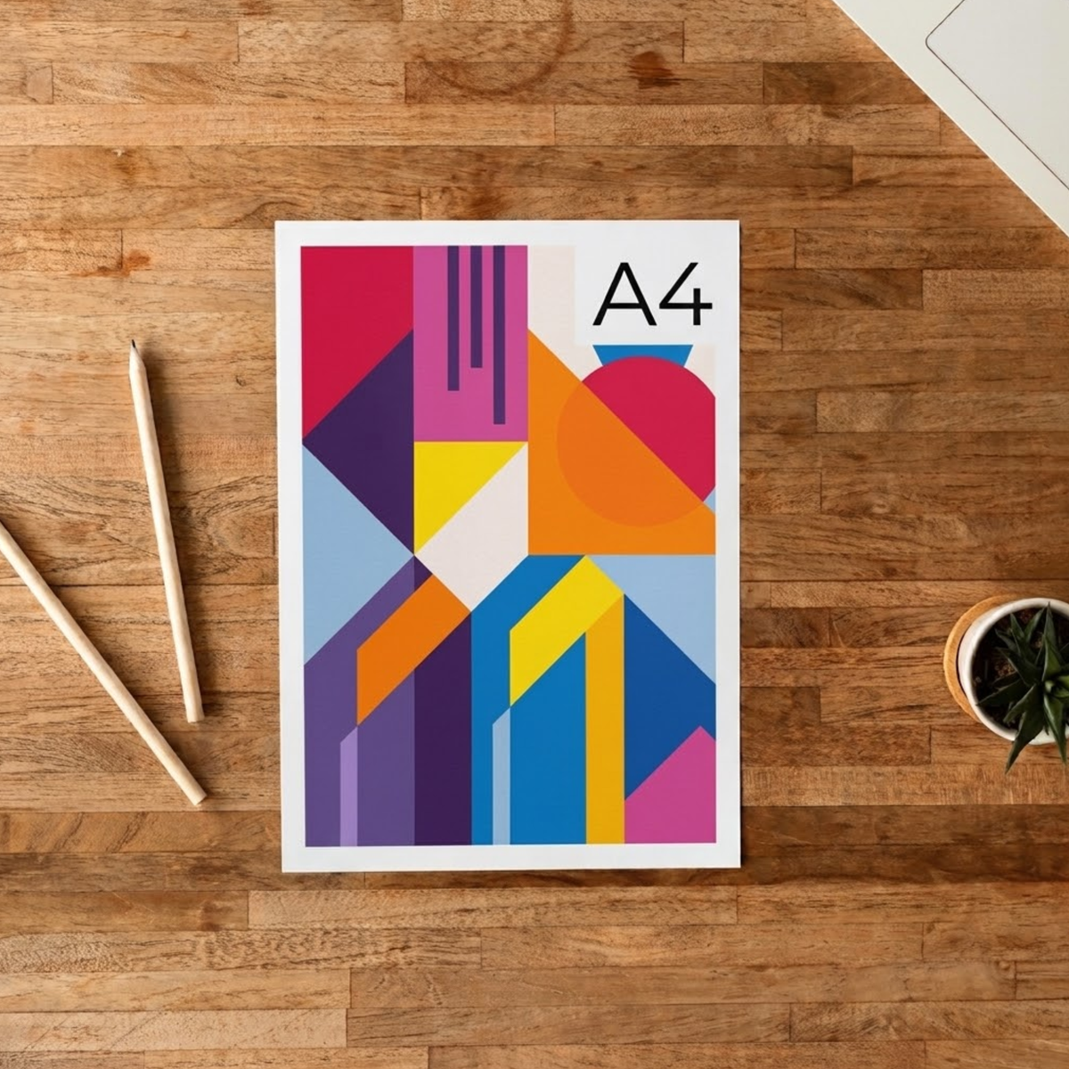 A4 colour printing example with vibrant geometric artwork on white paper.