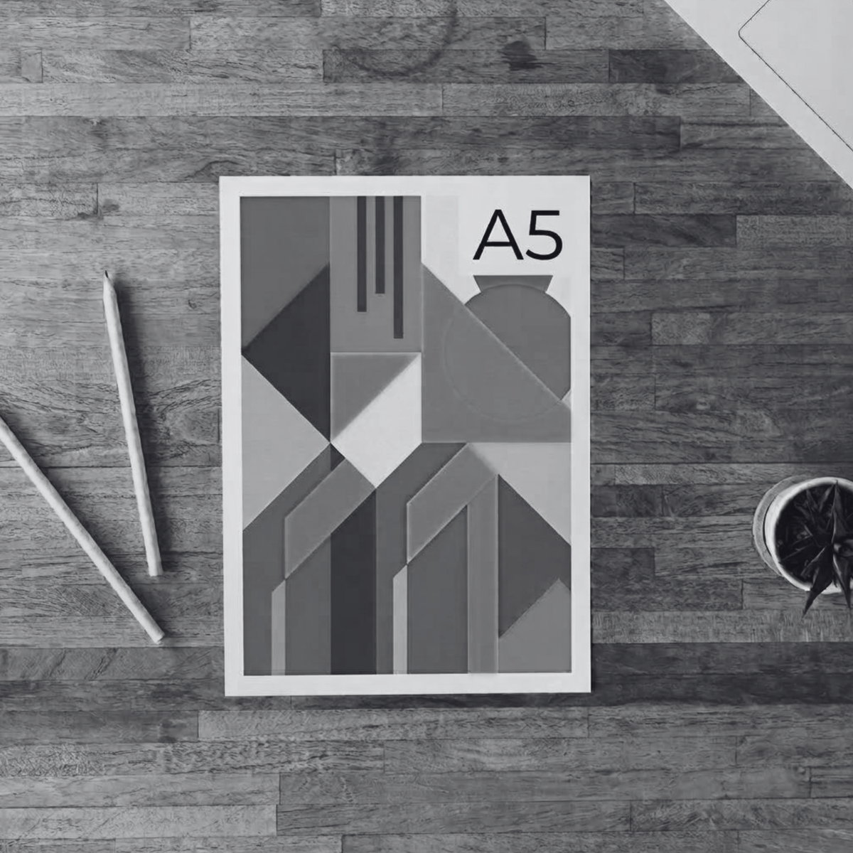 A5 black and white printing example with monochrome artwork on white paper.