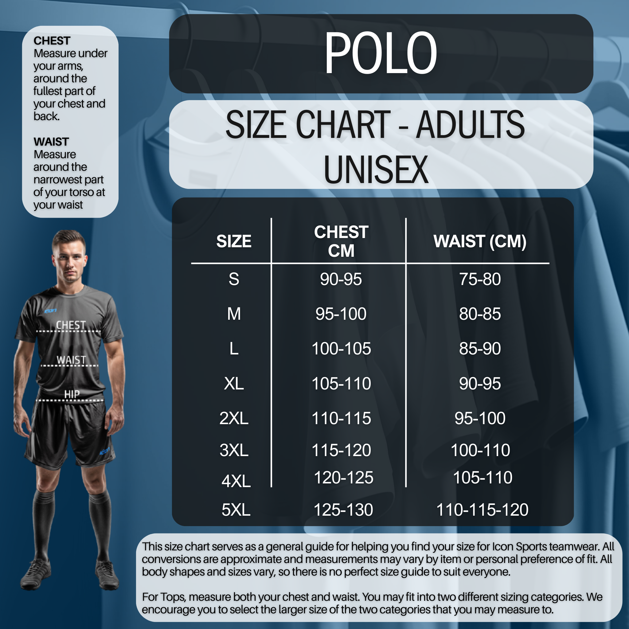 Polo shirt size chart for adults on a blue background with a man wearing a gray polo shirt.