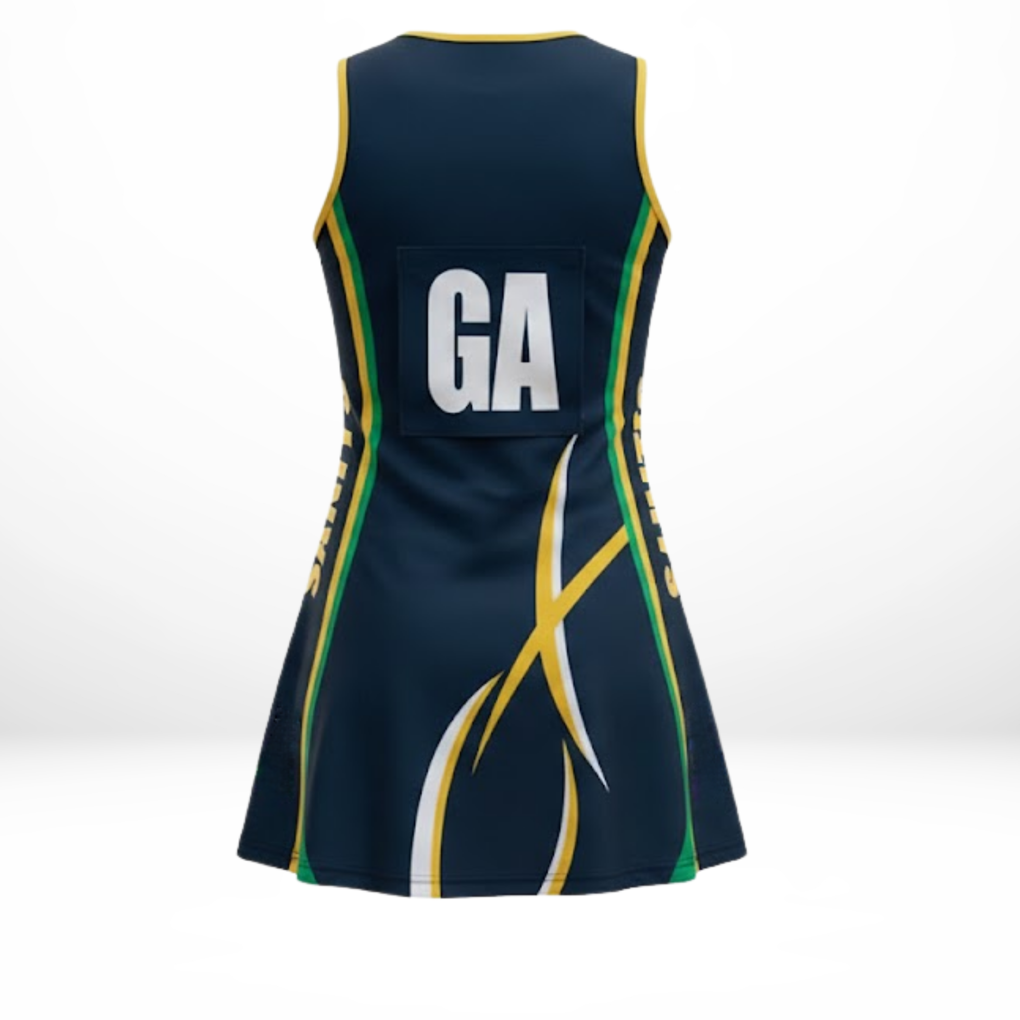Back of Navy blue netball dress with yellow and green accents on a white background