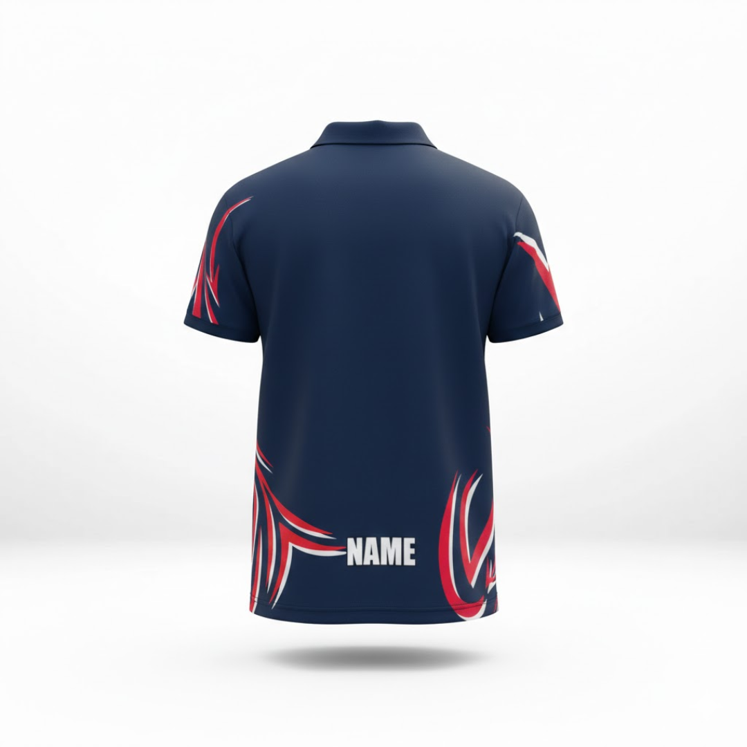 Navy blue polo shirt with red and white patterns on a white background