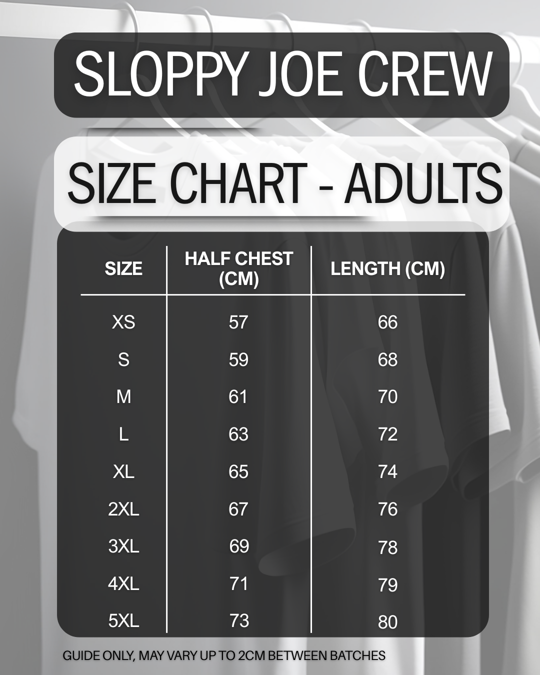 Size chart for Sloppy Joe Crew shirts with shirt in the background