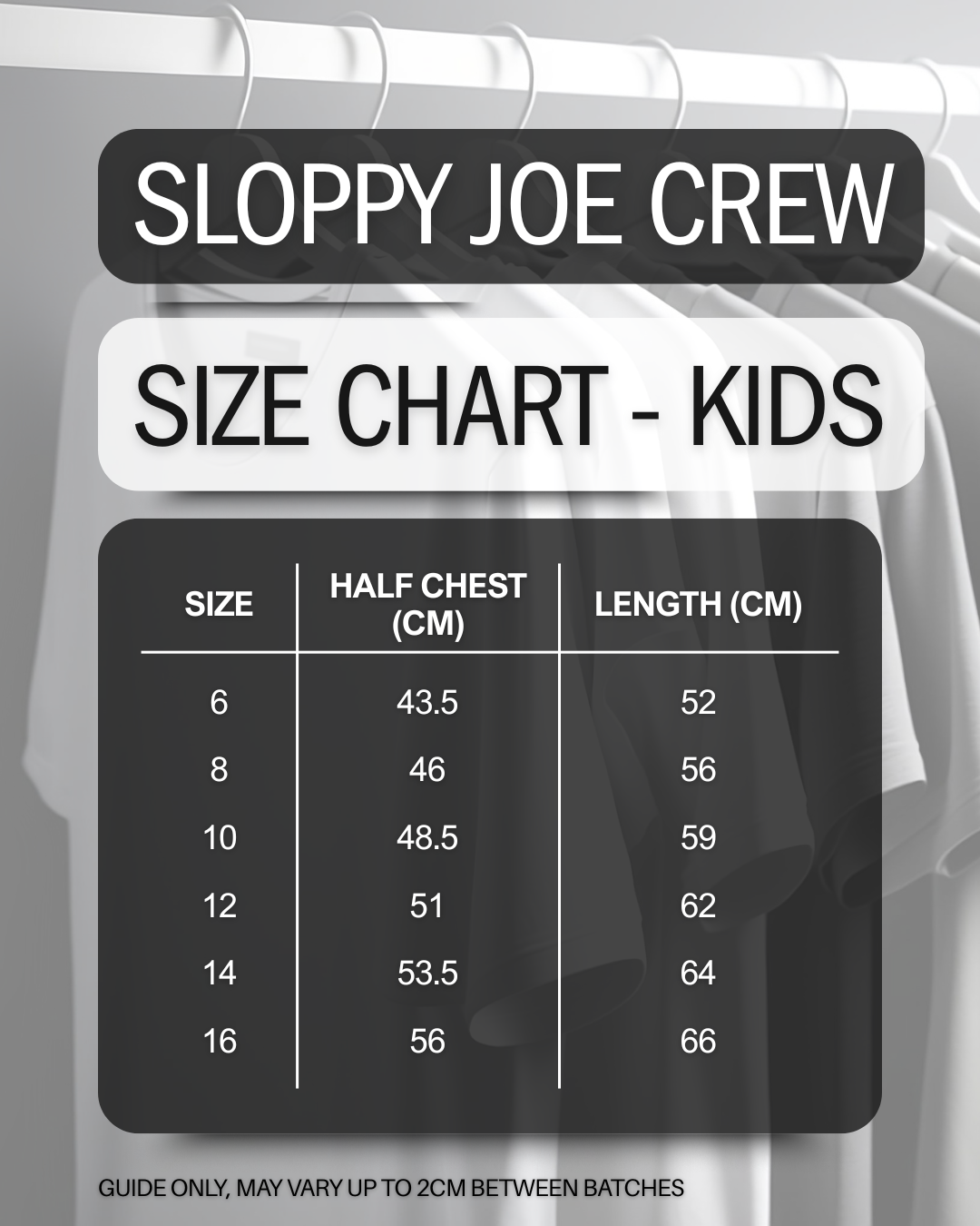 Size chart for kids' clothing with 'Sloppy Joe Crew' branding.