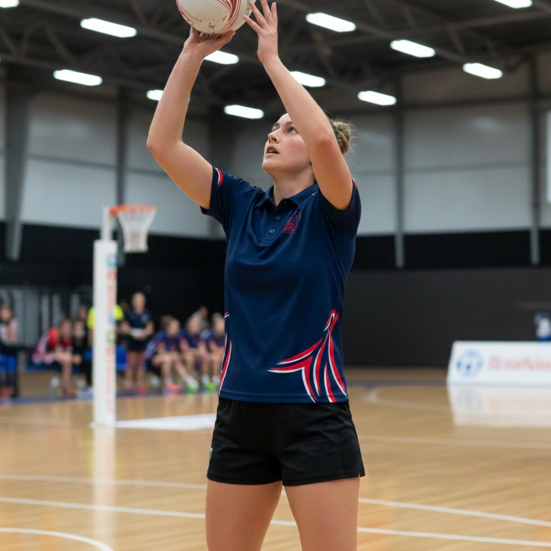 Person in a blue sports polo preparing to shoot a netball in an indoor court.
