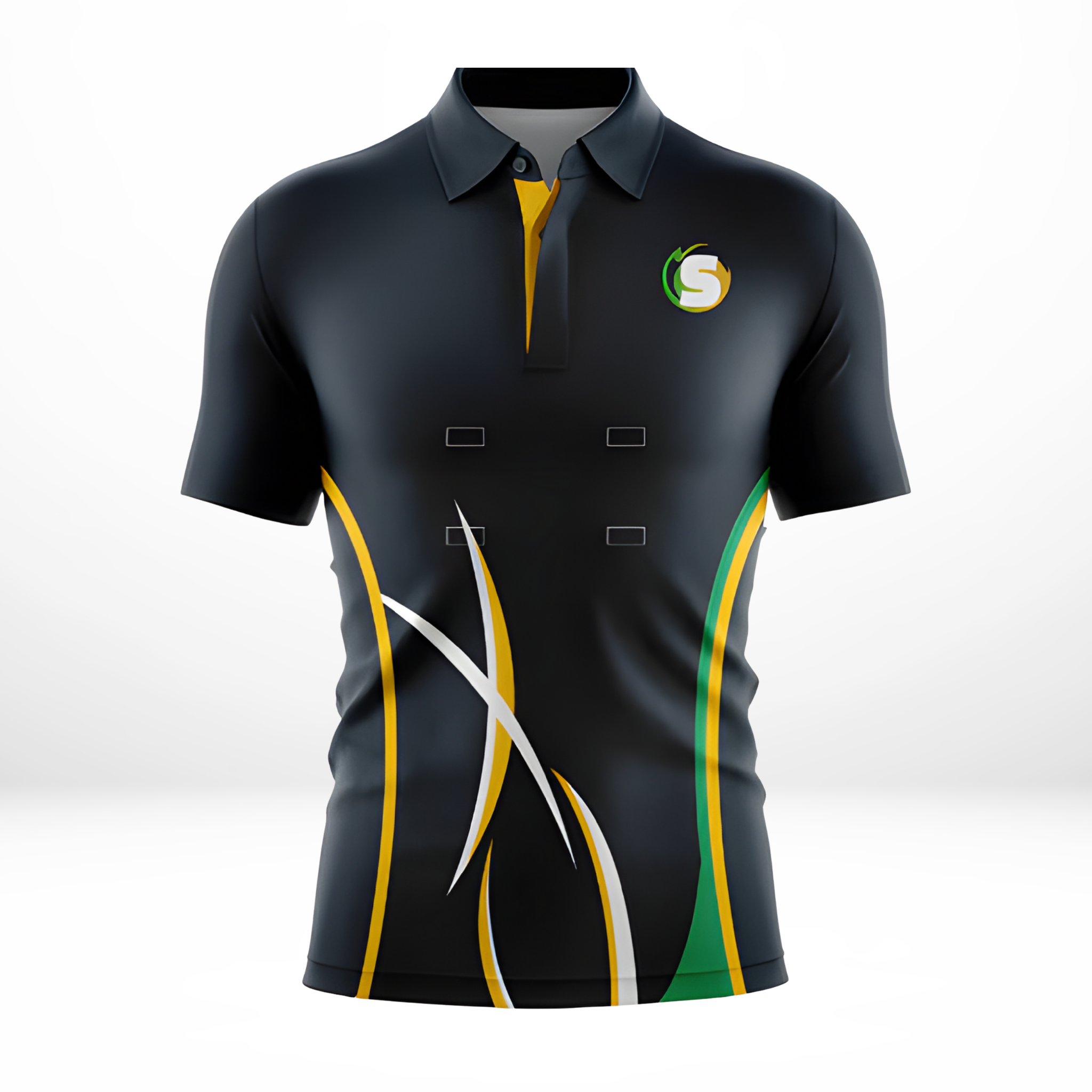 Navy polo shirt with colorful design on a white background